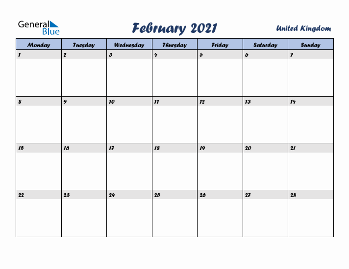 February 2021 Calendar with Holidays in United Kingdom