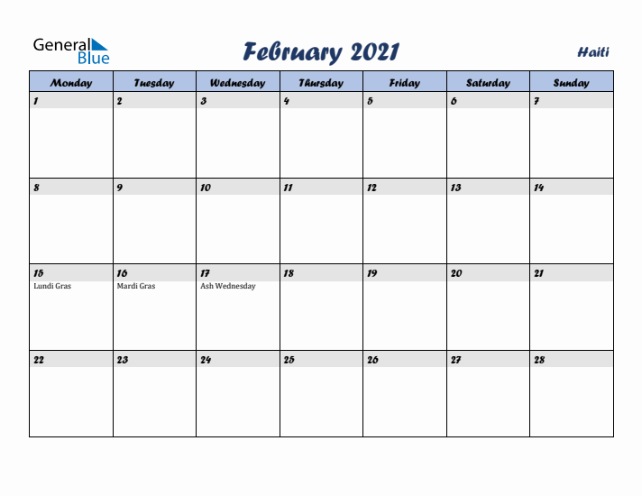February 2021 Calendar with Holidays in Haiti