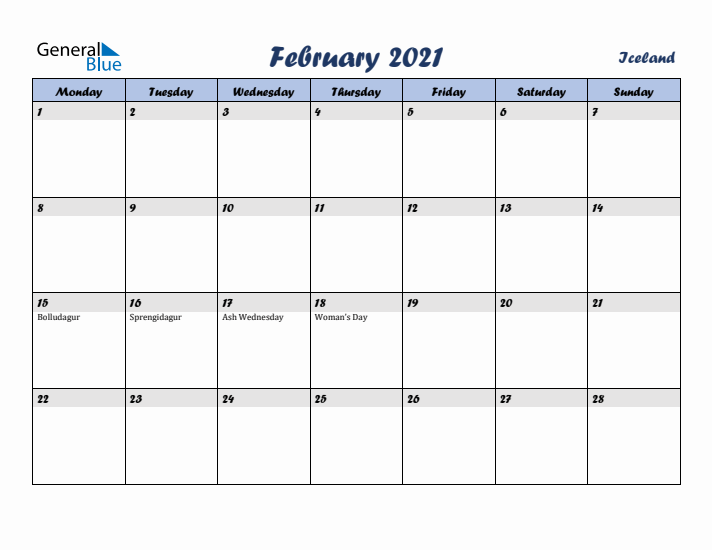 February 2021 Calendar with Holidays in Iceland