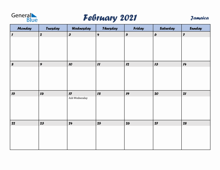 February 2021 Calendar with Holidays in Jamaica