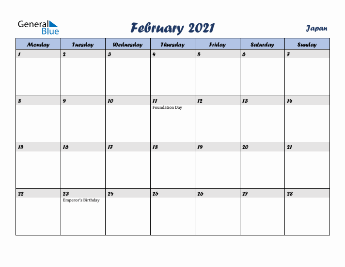 February 2021 Calendar with Holidays in Japan