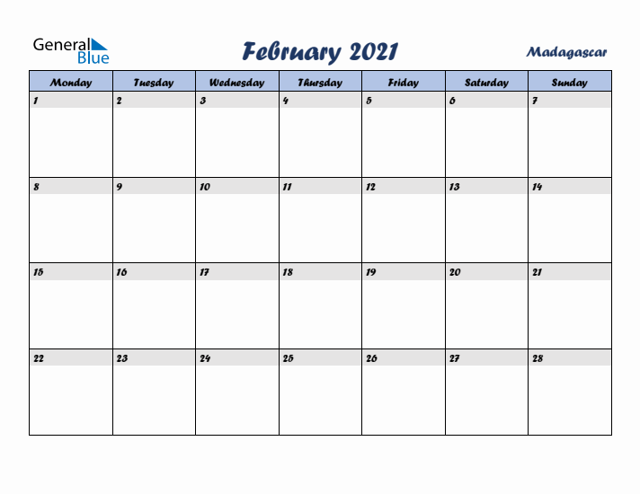 February 2021 Calendar with Holidays in Madagascar