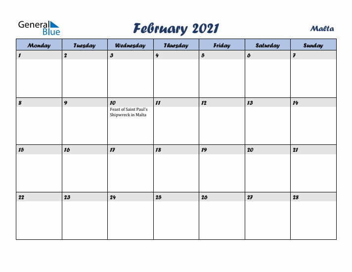February 2021 Calendar with Holidays in Malta