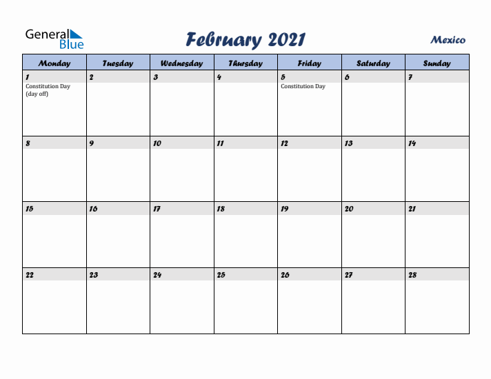 February 2021 Calendar with Holidays in Mexico