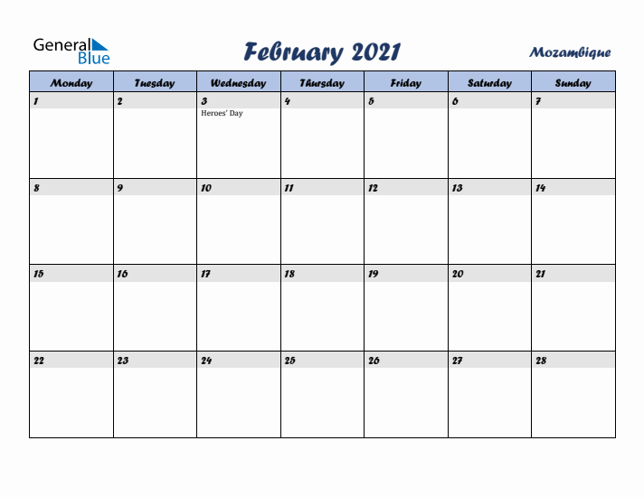 February 2021 Calendar with Holidays in Mozambique