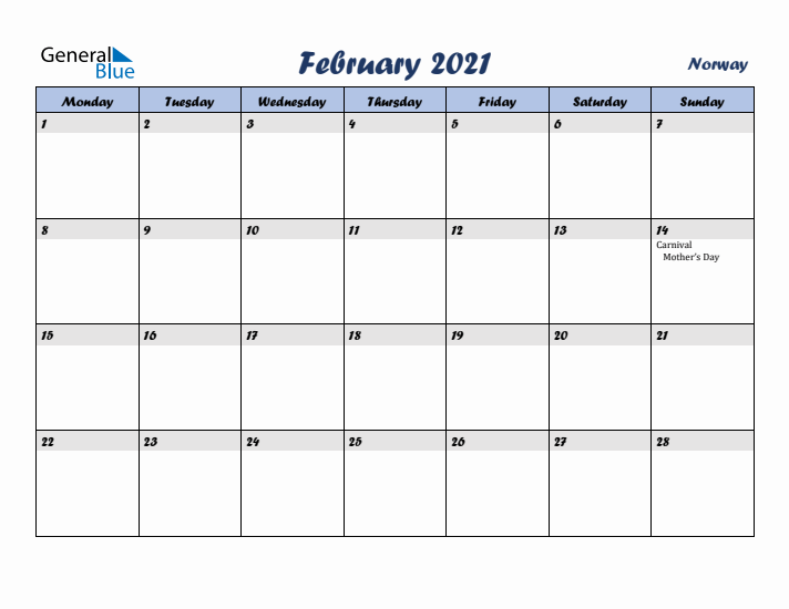 February 2021 Calendar with Holidays in Norway