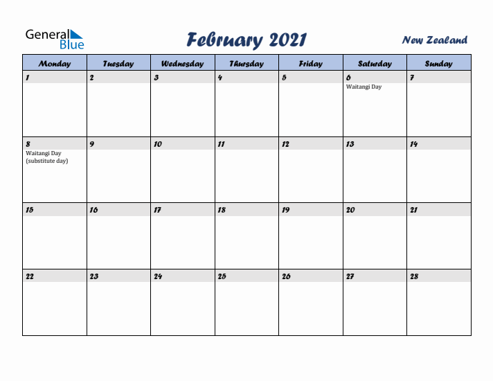 February 2021 Calendar with Holidays in New Zealand