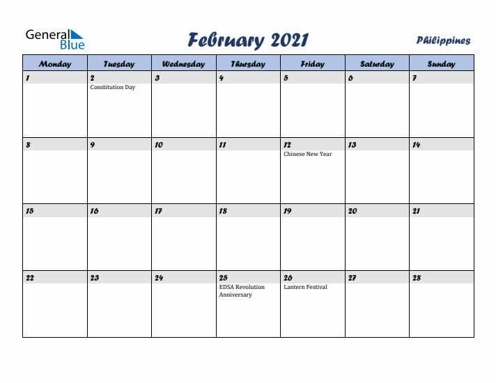 February 2021 Calendar with Holidays in Philippines