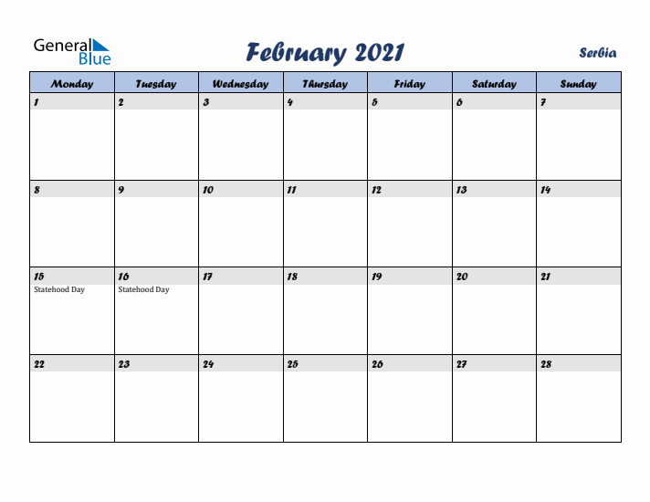 February 2021 Calendar with Holidays in Serbia