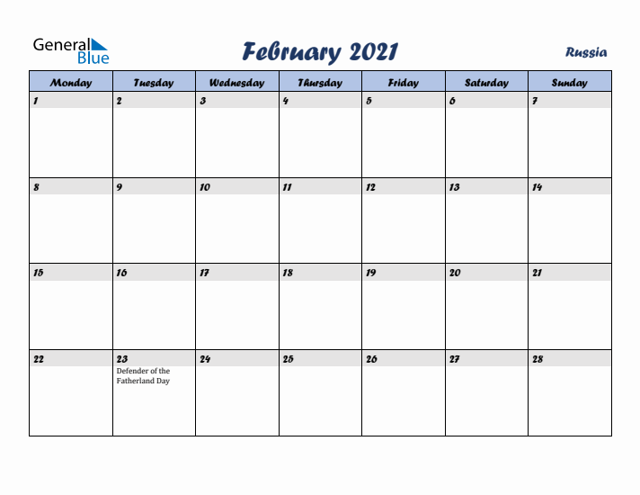 February 2021 Calendar with Holidays in Russia