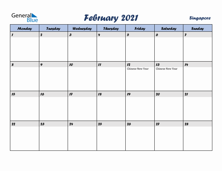 February 2021 Calendar with Holidays in Singapore