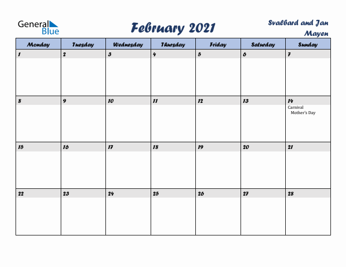 February 2021 Calendar with Holidays in Svalbard and Jan Mayen
