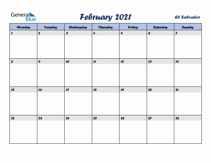 February 2021 Calendar with Holidays in El Salvador