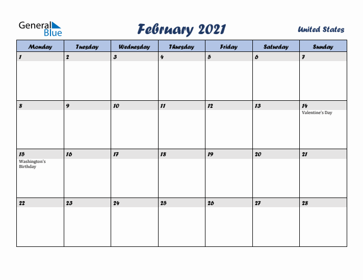 February 2021 Calendar with Holidays in United States