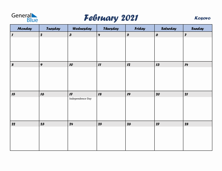February 2021 Calendar with Holidays in Kosovo