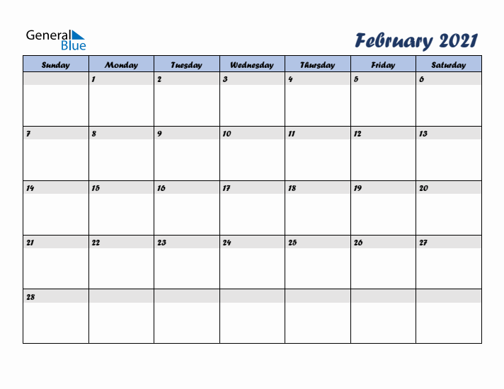 February 2021 Blue Calendar (Sunday Start)