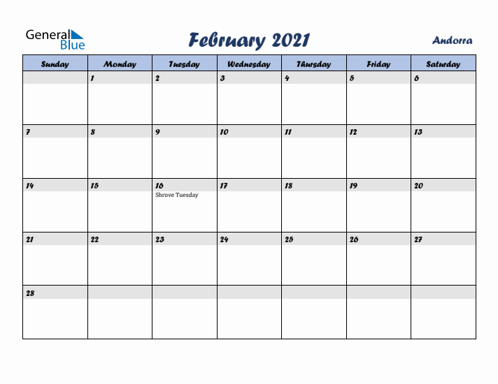 February 2021 Calendar with Holidays in Andorra