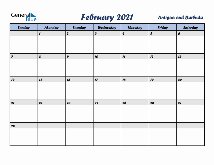 February 2021 Calendar with Holidays in Antigua and Barbuda