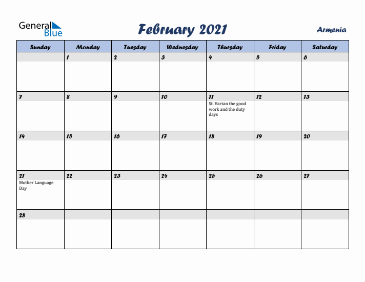 February 2021 Calendar with Holidays in Armenia