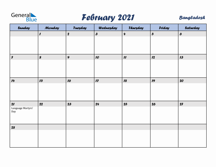 February 2021 Calendar with Holidays in Bangladesh