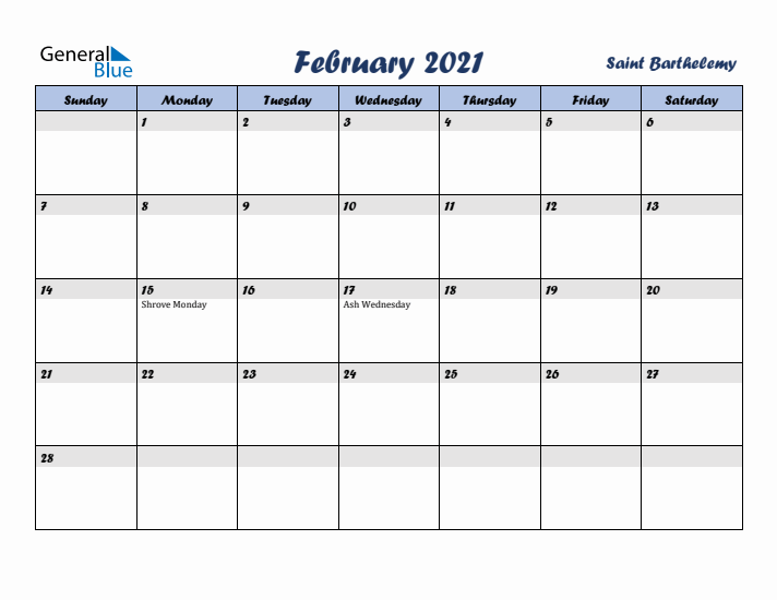 February 2021 Calendar with Holidays in Saint Barthelemy
