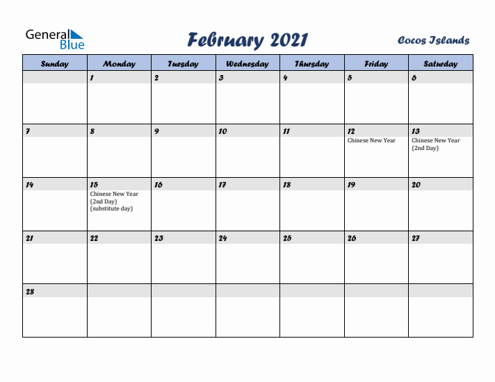 February 2021 Calendar with Holidays in Cocos Islands