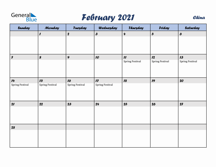 February 2021 Calendar with Holidays in China