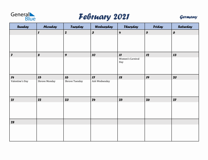 February 2021 Calendar with Holidays in Germany