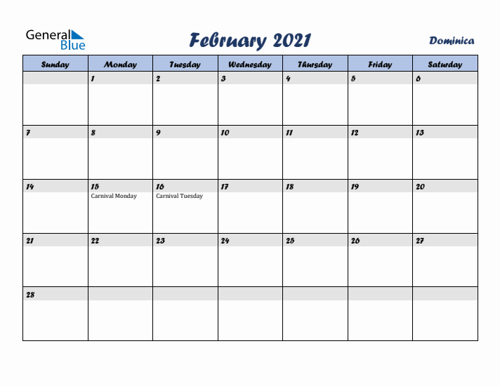 February 2021 Calendar with Holidays in Dominica