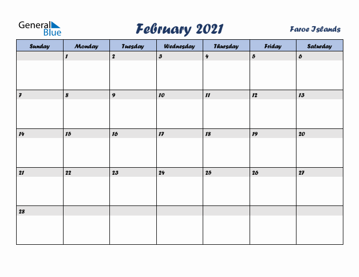 February 2021 Calendar with Holidays in Faroe Islands