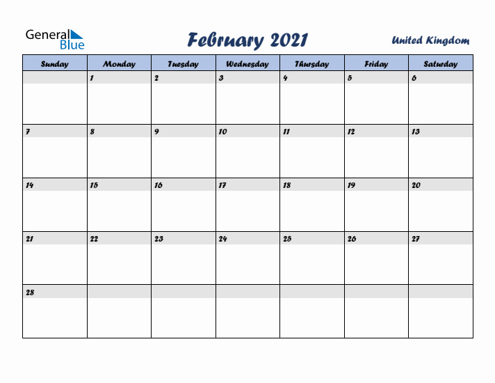 February 2021 Calendar with Holidays in United Kingdom