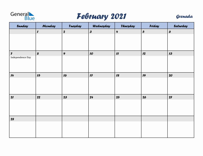 February 2021 Calendar with Holidays in Grenada