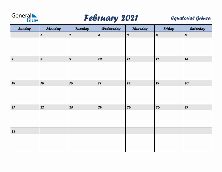 February 2021 Calendar with Holidays in Equatorial Guinea