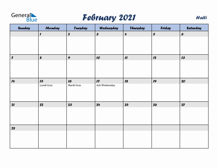 February 2021 Calendar with Holidays in Haiti
