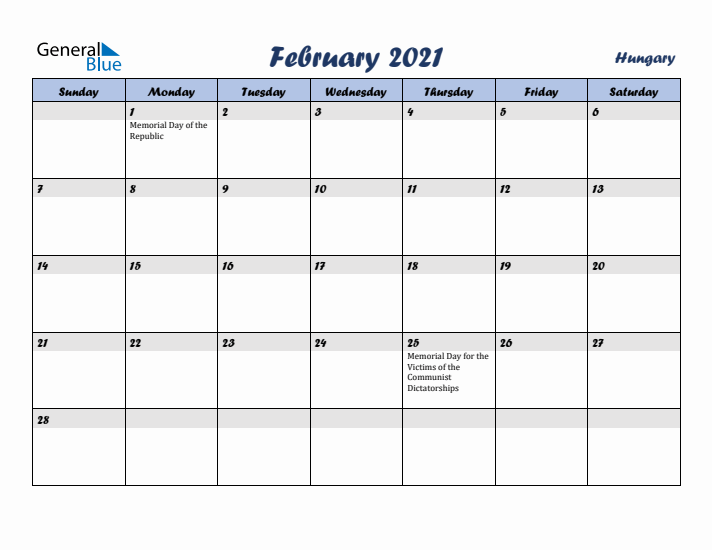 February 2021 Calendar with Holidays in Hungary