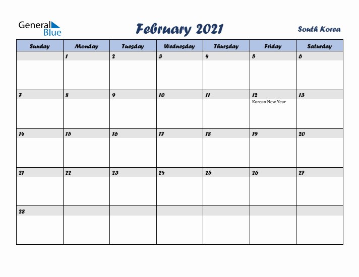 February 2021 Calendar with Holidays in South Korea