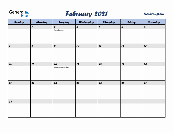 February 2021 Calendar with Holidays in Liechtenstein