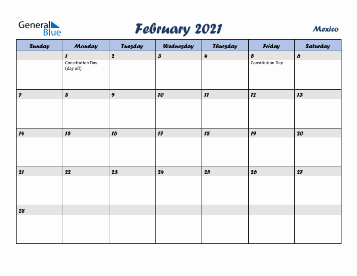 February 2021 Calendar with Holidays in Mexico