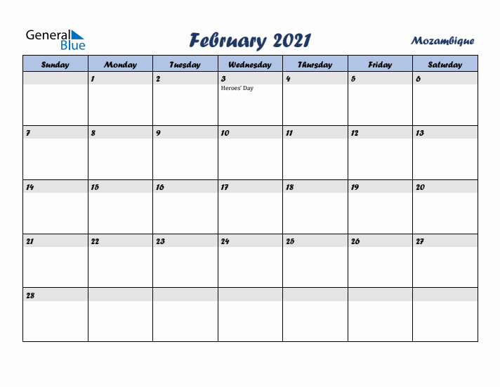 February 2021 Calendar with Holidays in Mozambique