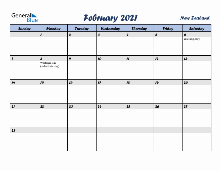 February 2021 Calendar with Holidays in New Zealand