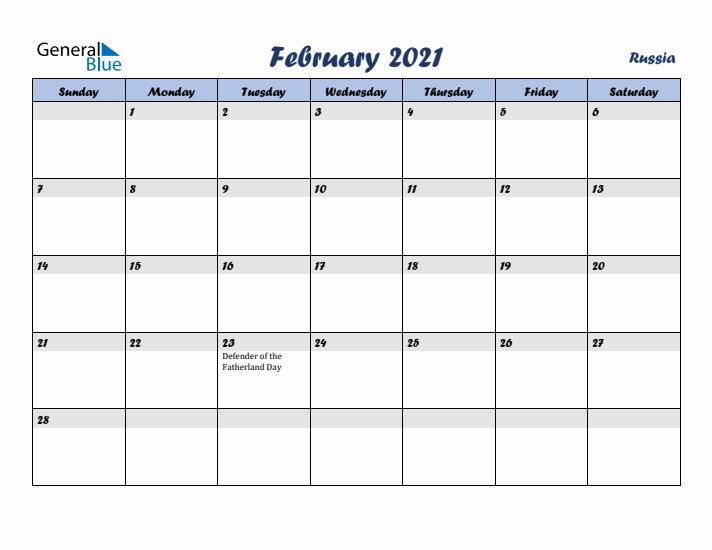 February 2021 Calendar with Holidays in Russia