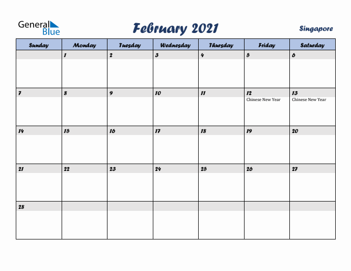 February 2021 Calendar with Holidays in Singapore