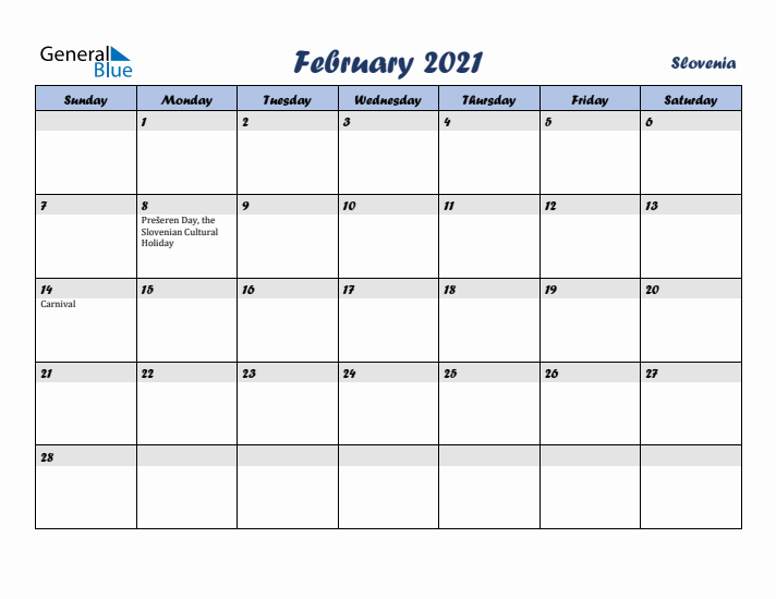 February 2021 Calendar with Holidays in Slovenia