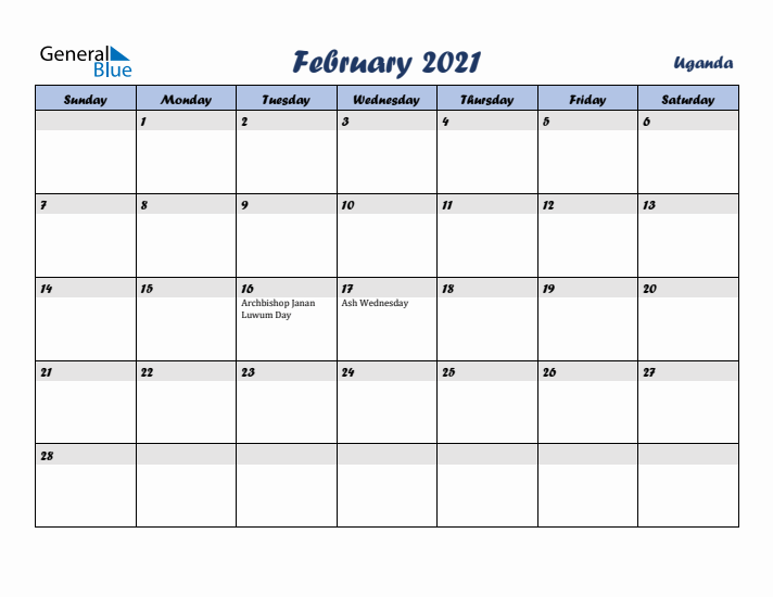 February 2021 Calendar with Holidays in Uganda