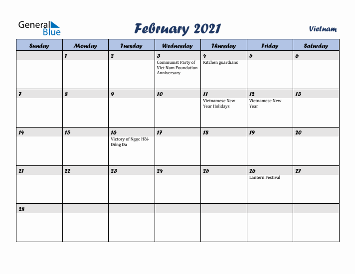 February 2021 Calendar with Holidays in Vietnam