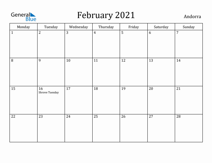 February 2021 Calendar Andorra