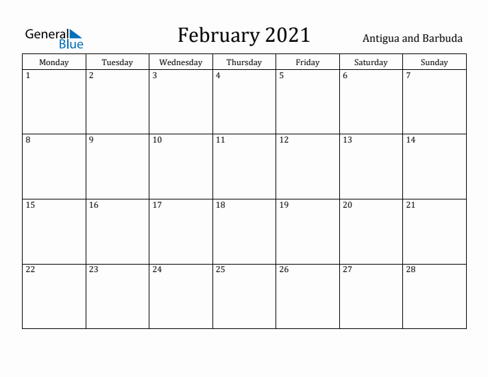 February 2021 Calendar Antigua and Barbuda