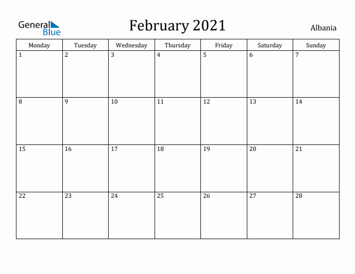 February 2021 Calendar Albania