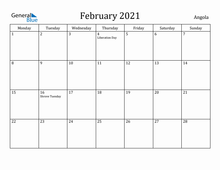 February 2021 Calendar Angola