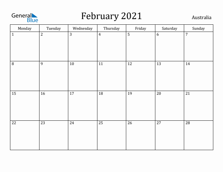 February 2021 Calendar Australia